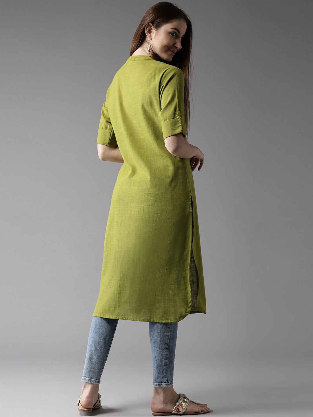 HERE&NOW Women Sap Green Solid Symmetric Kurta - Swadesiicart