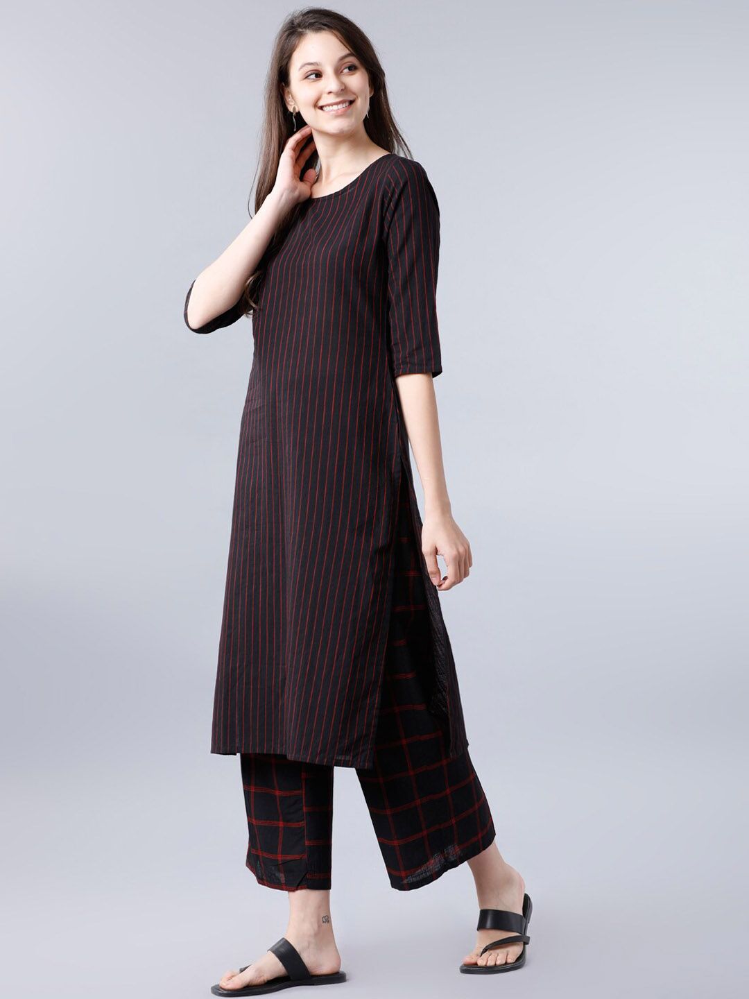 Vishudh Women Black & Red Striped A-Line Kurta - Swadesiicart