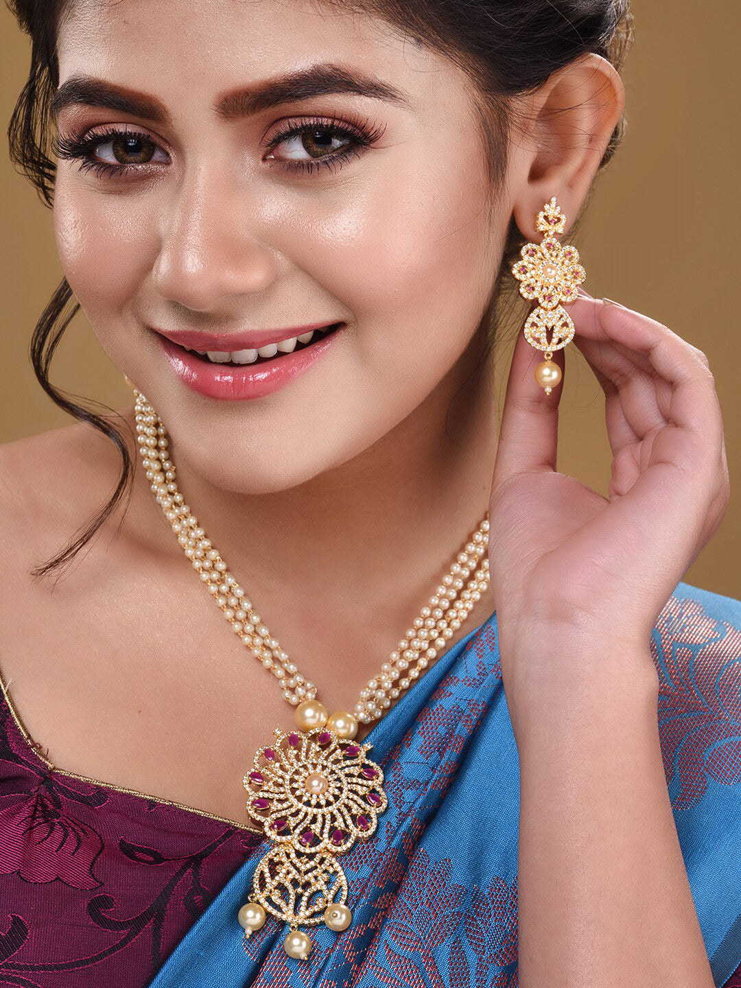 Saraf RS Jewellery Gold-Polished White & Pink American Diamond Studded & Beaded Handcrafted Set - Swadesiicart