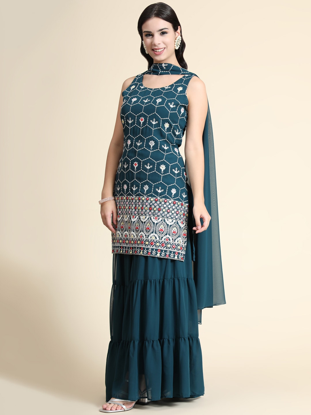 Kalini Women Teal Floral Embroidered Kurta with Sharara & Dupatta | Swadesiicart