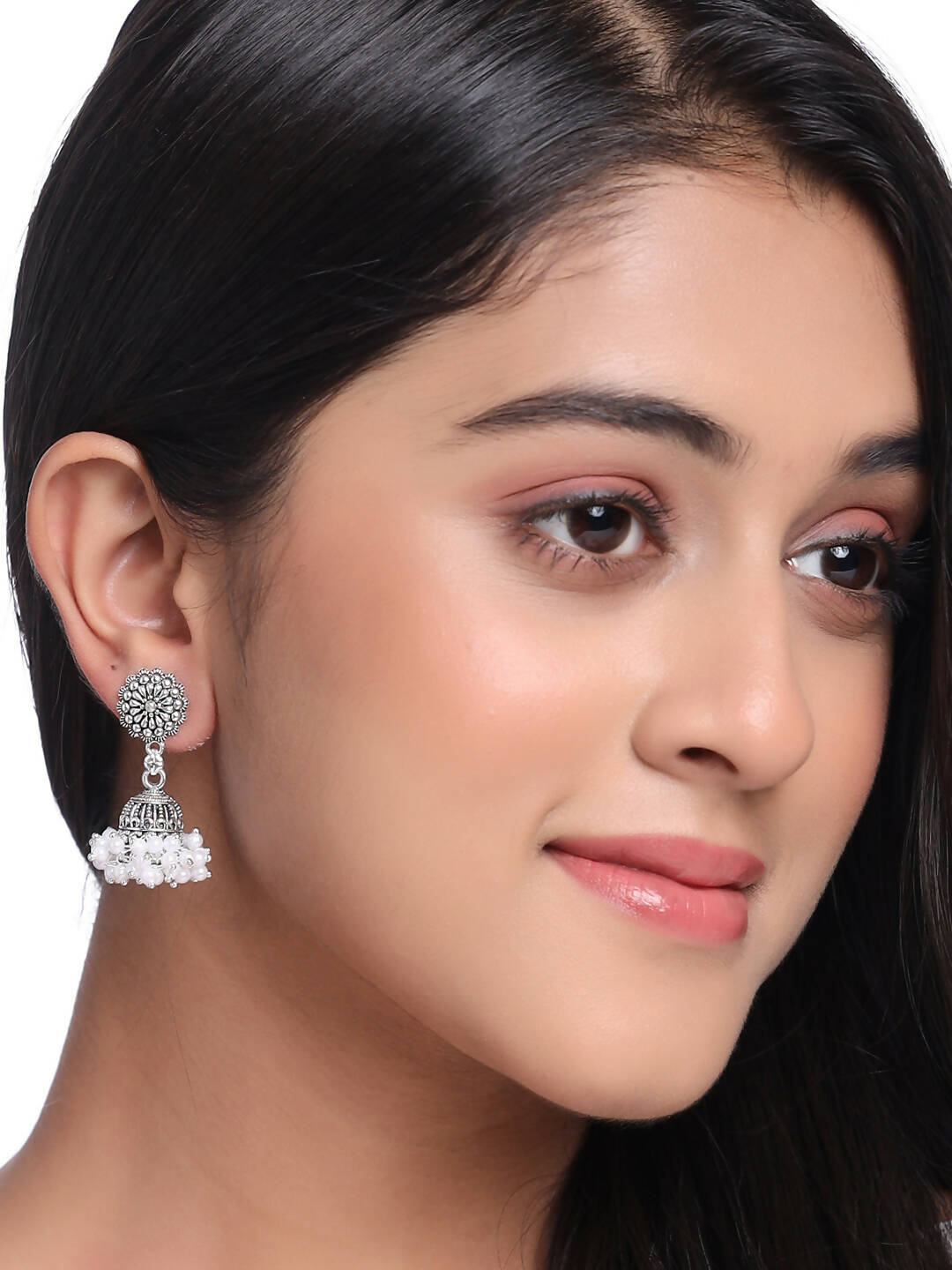 NVR Women Silver Toned Dome Shaped Jhumkas Earrings | Swadesiicart