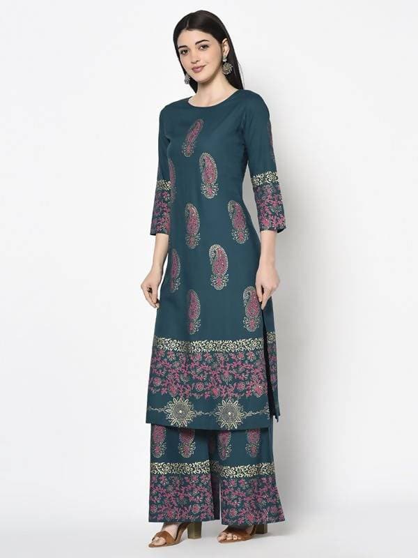Aniyah Rayon Teal Blue Color Block Print Straight Kurta (AN-224K) - Swadesiicart