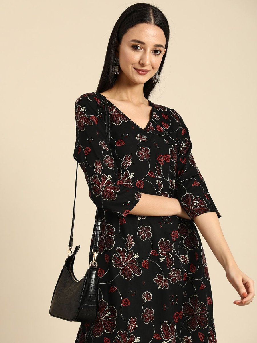 Anouk Women Floral Printed V Neck A-Line Kurta With Lace Detailing - Swadesiicart