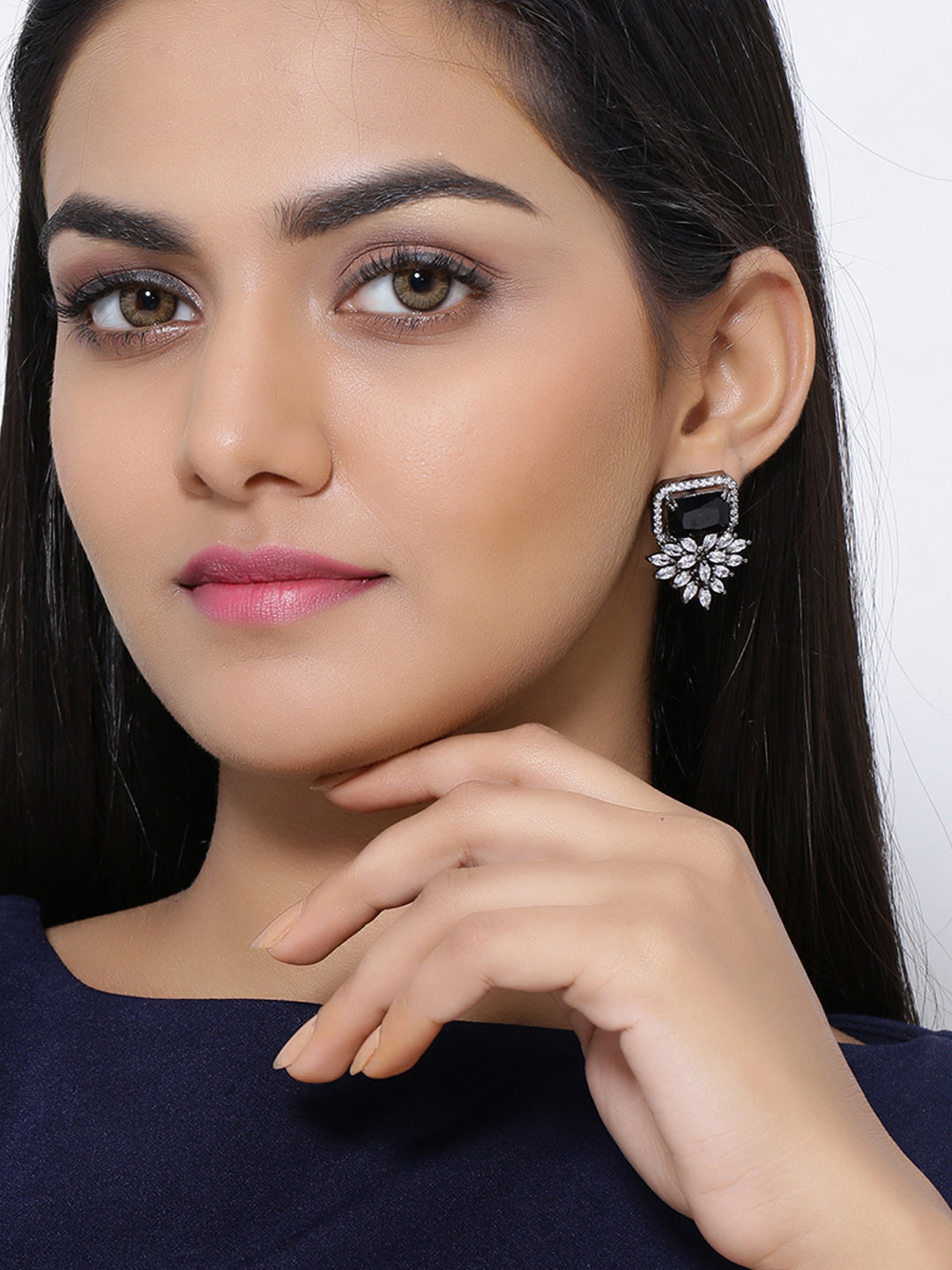 Shoshaa Silver-Plated & Black CZ Studded Contemporary Drop Earrings | Swadesiicart