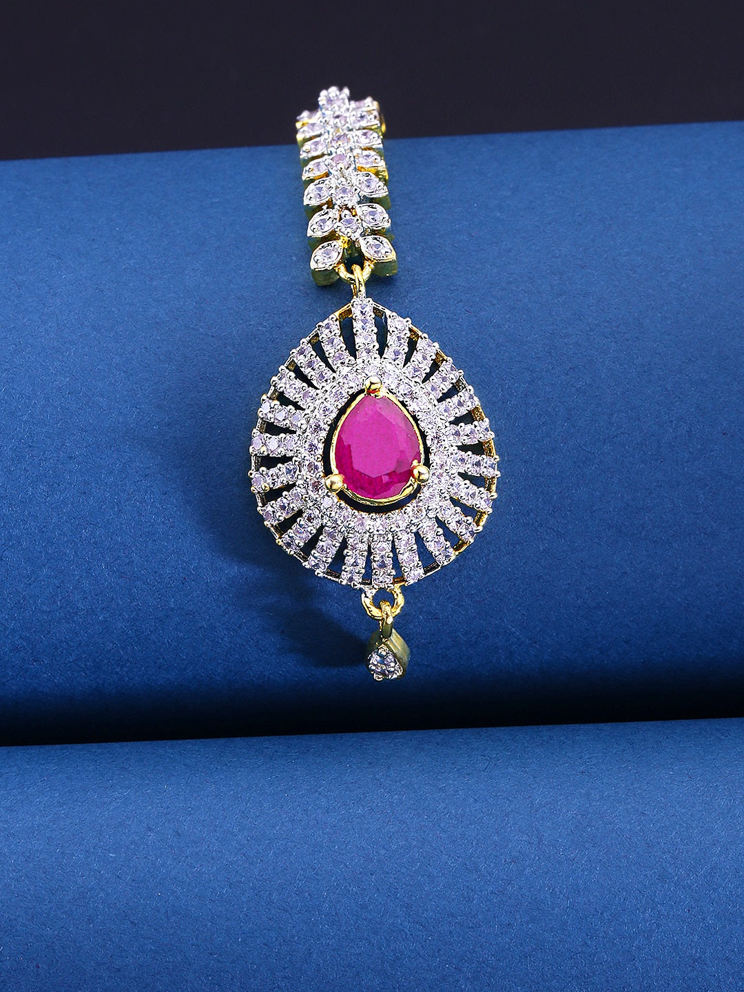 Yellow Chimes Women Gold-Polished American Diamond Pink & White Studded Handcrafted Maang Tikka | Swadesiicart