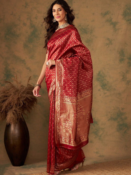 Sangria Red & Gold Toned Ethnic Motifs Woven Design Zari Banarasi Saree | Swadesiicart