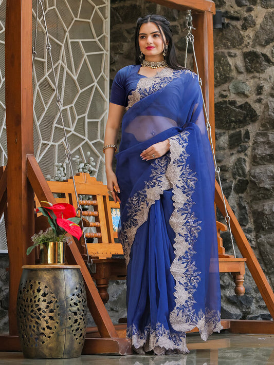 Tikhi Imli Blue Embroidered Organza Saree | Swadesiicart