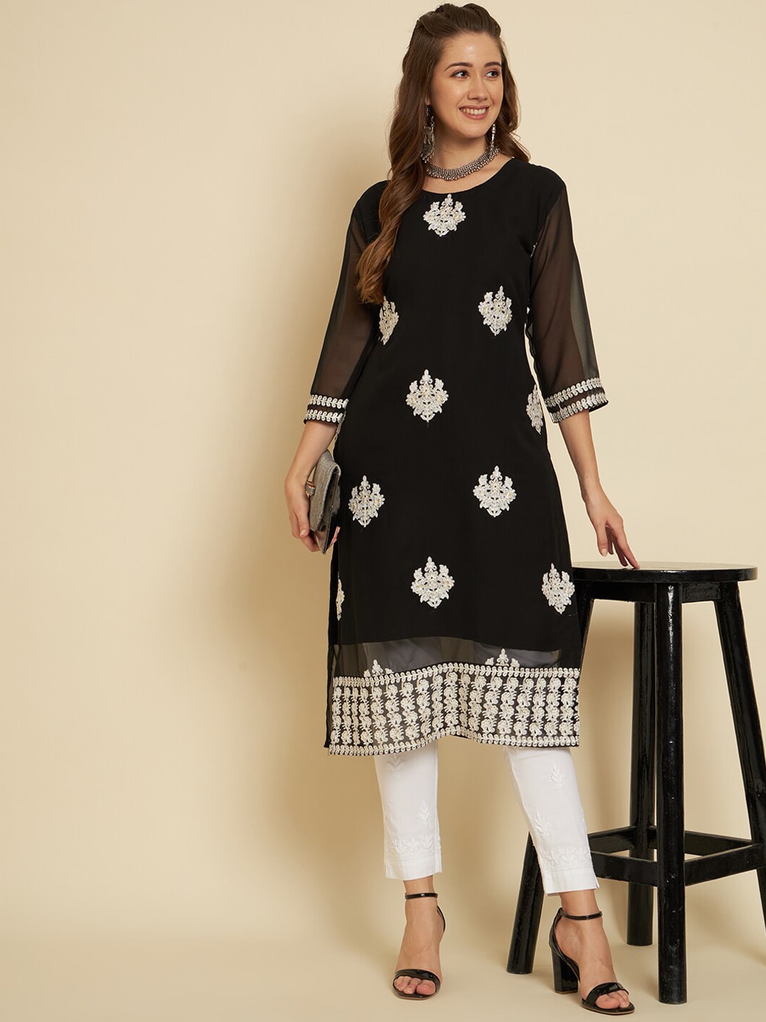 HERE&NOW Black & White Ethnic Motifs Chikankari Embroidered Georgette Kurta | Swadesiicart