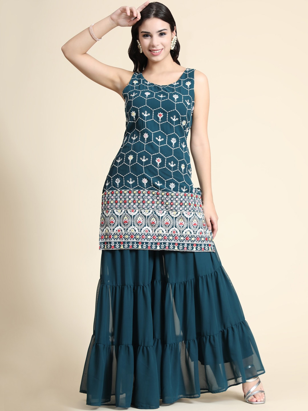 Kalini Women Teal Floral Embroidered Kurta with Sharara & Dupatta | Swadesiicart