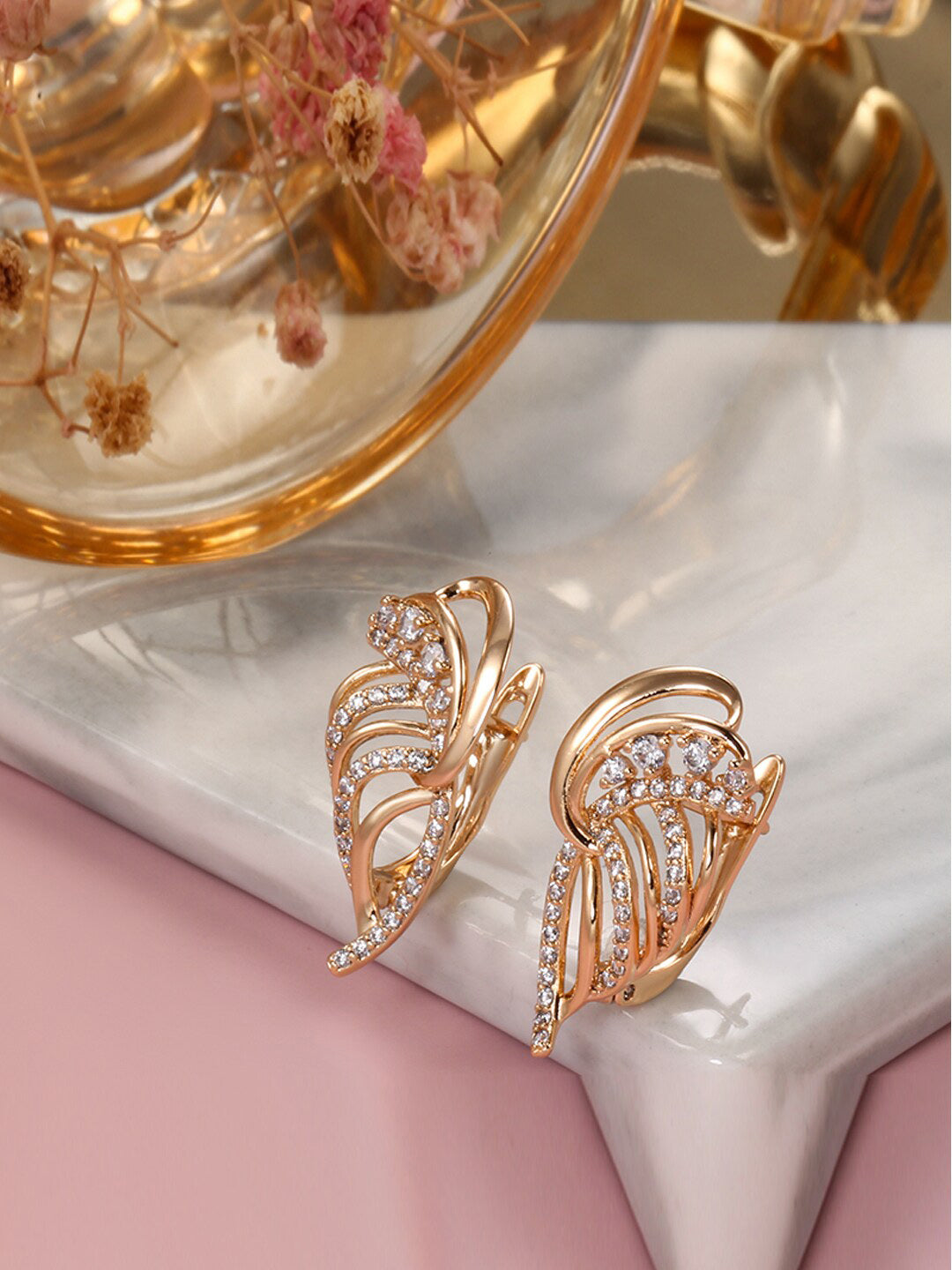 Shining Diva Gold-Polished Rose Zircon Earrings - Swadesiicart