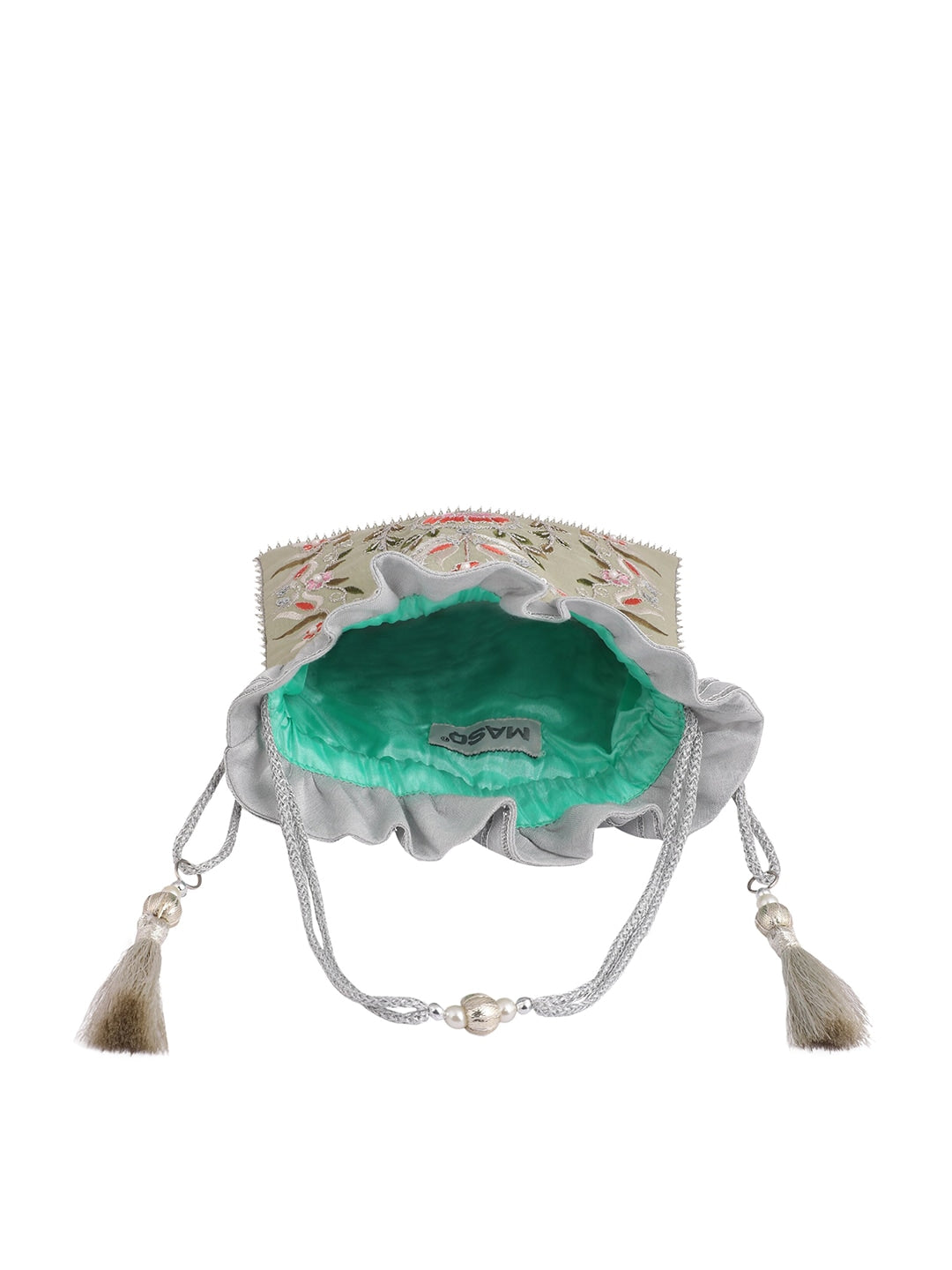 Masq Green & Pink Embellished Embroidered Potli Clutch - Swadesiicart