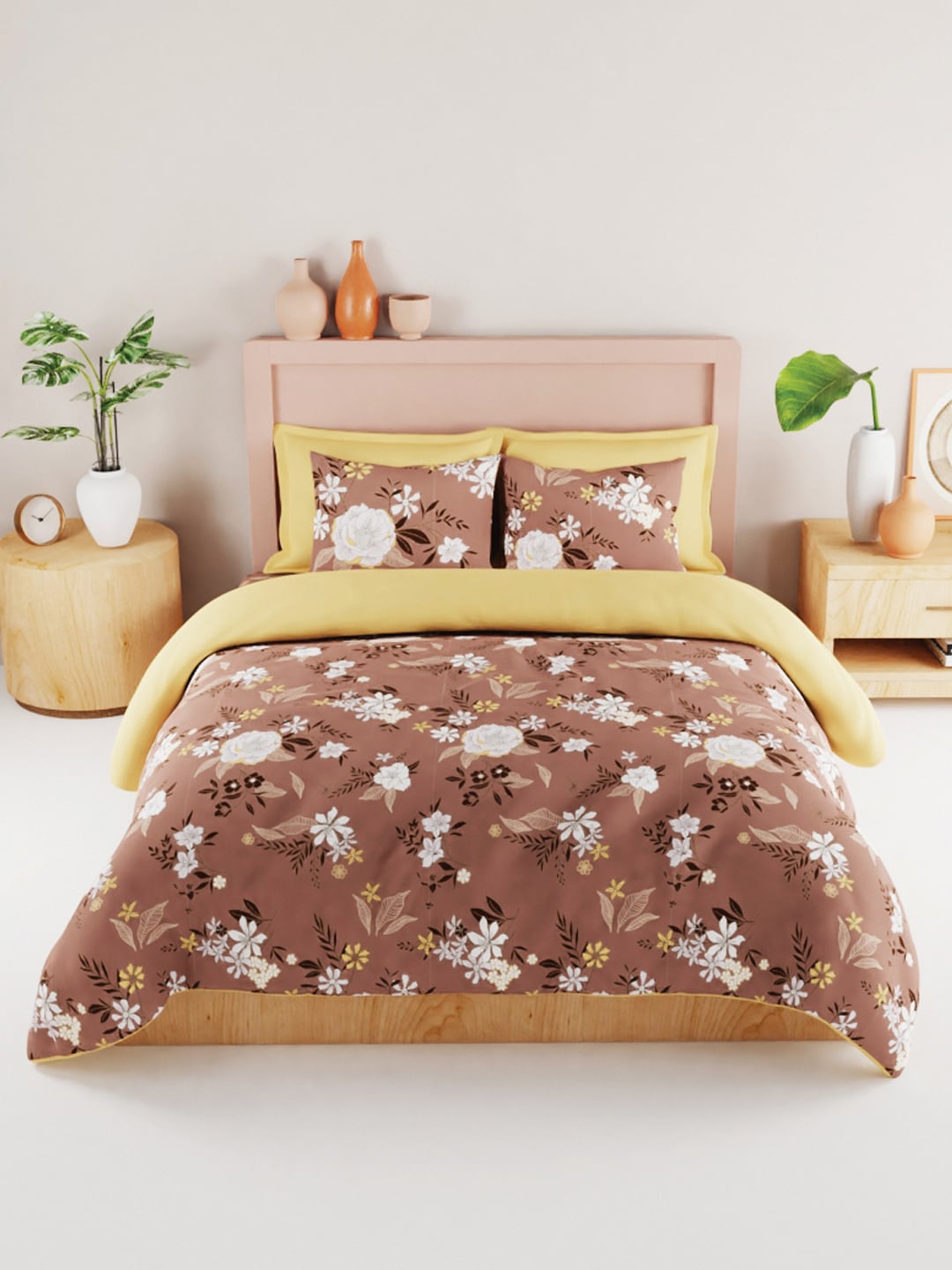 BIANCA Brown & White Floral 186 TC King Bedsheet with 2 Pillow Covers - Swadesiicart