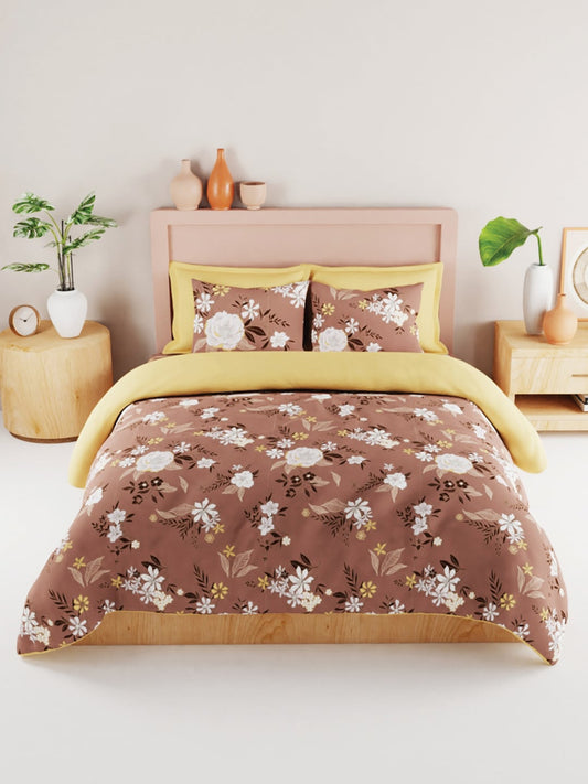 BIANCA Brown & White Floral 186 TC King Bedsheet with 2 Pillow Covers - Swadesiicart