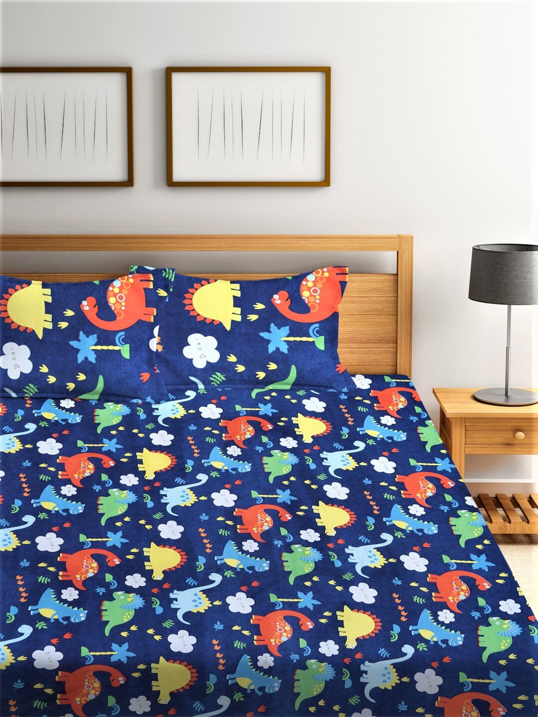 Home Sizzler Blue & Yellow Printed 210 TC Bedsheet with Pillow Covers - Swadesiicart