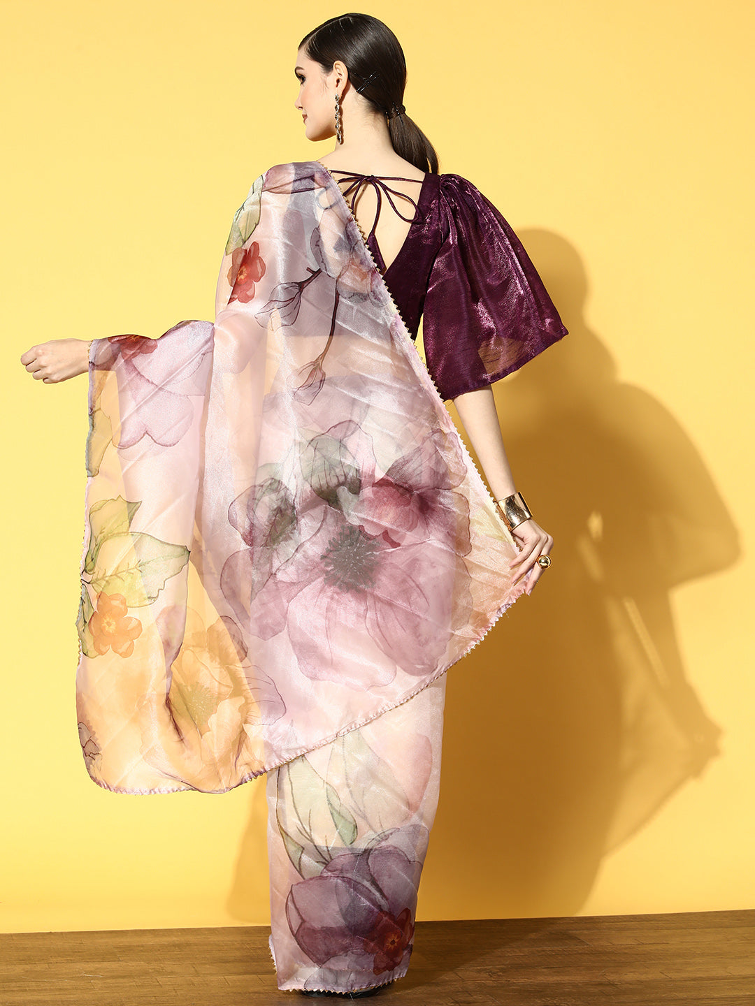 Tikhi Imli Pink & Mauve Floral Organza Saree | Swadesiicart