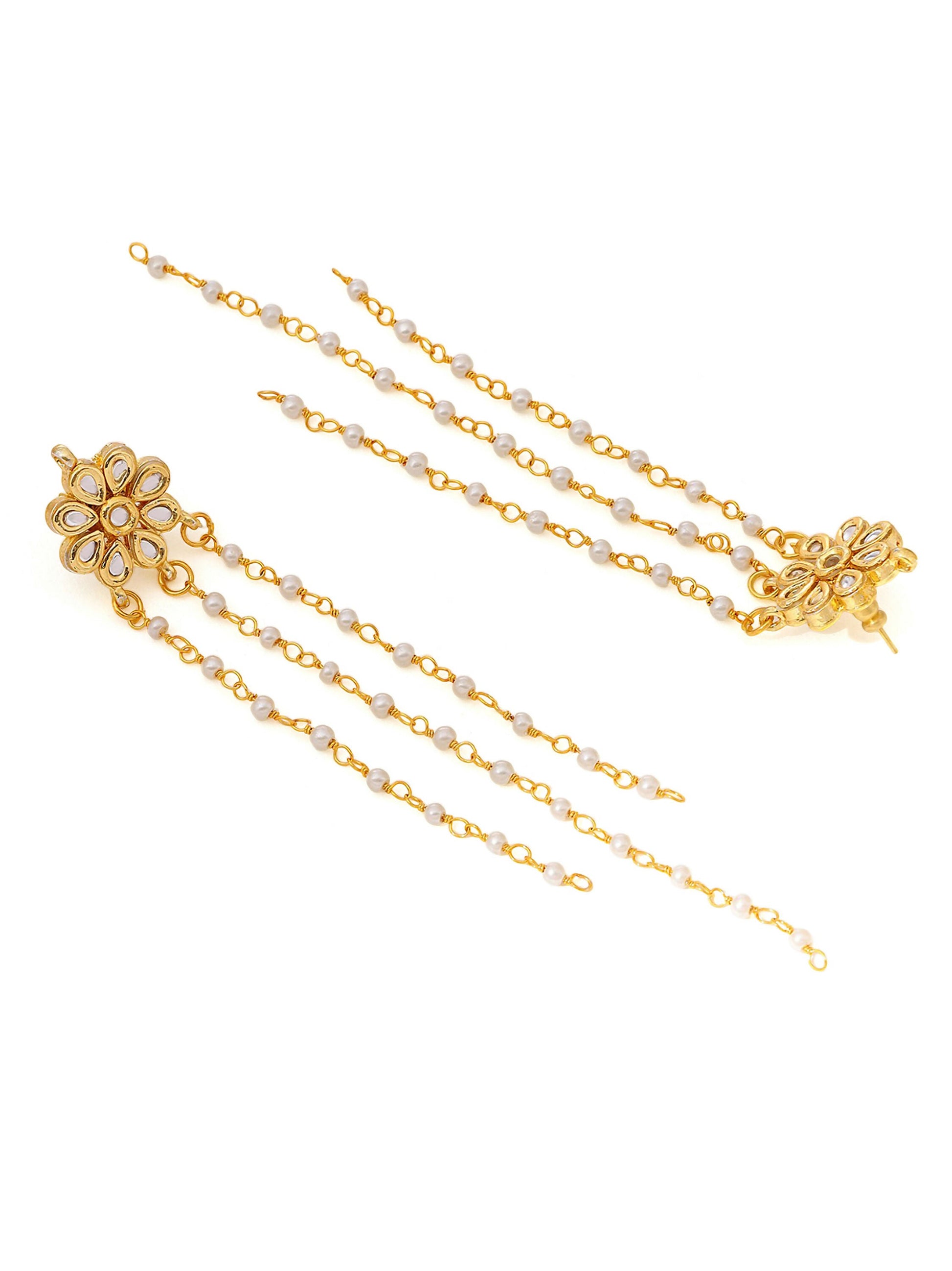 Ruby Raang Gold Long Kundan & Pearl Dangler Earrings | Swadesiicart