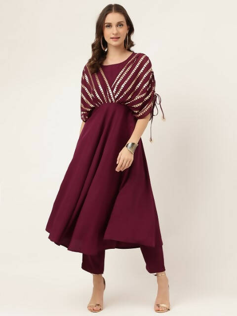 FIORRA Women's Wine Poly Crepe A-Line Kurta Set - Swadesiicart
