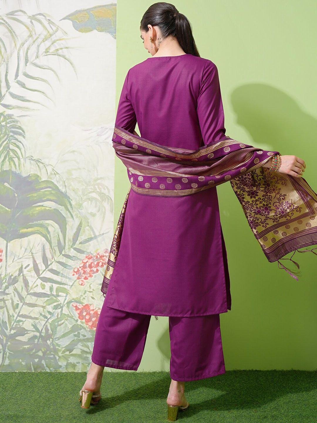 Vishudh Purple Yoke Design Thread Work Straight Kurta With Palazzos & Dupatta - Swadesiicart