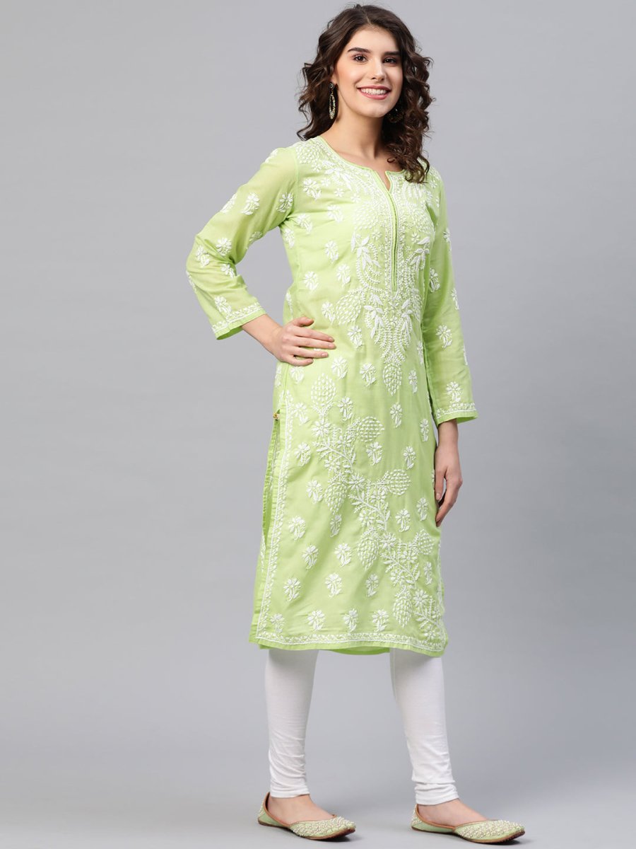 ADA Women Green & White Chikankari Embroidered Cotton Straight Sustainable Kurta | Swadesiicart