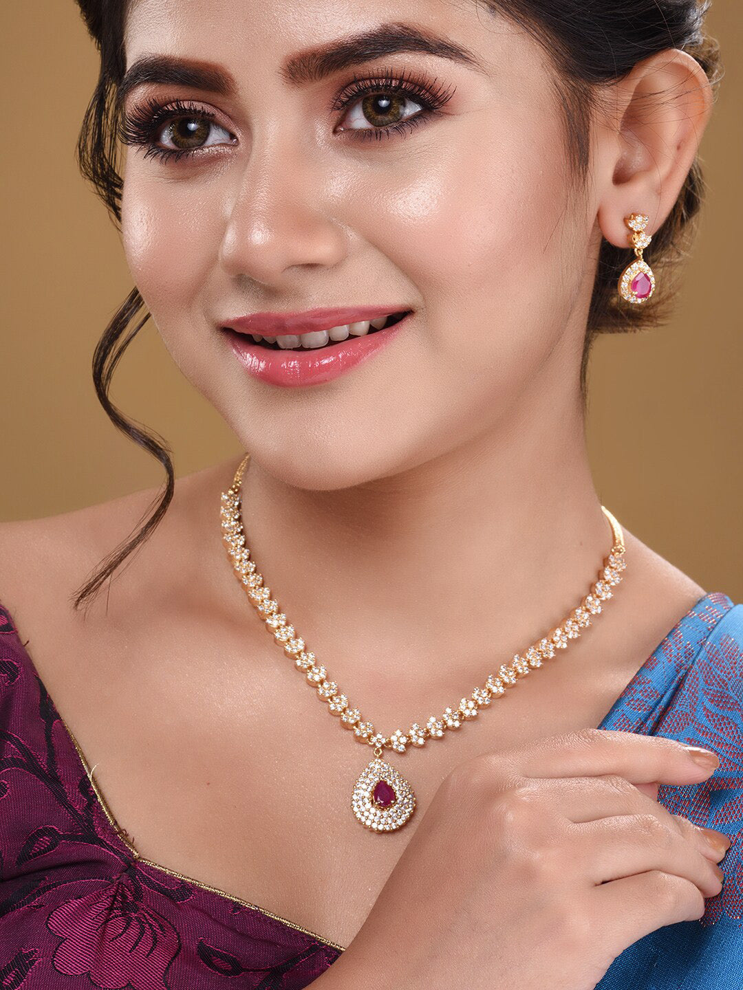 Saraf RS Jewellery Gold-Polished White & Red American Diamond Studded & Beaded Handcrafted Jewellery Set - Swadesiicart