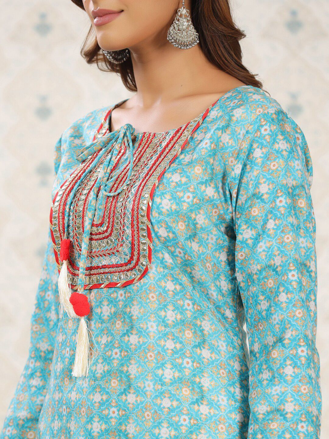 Ode by House of Pataudi Sea Green Ethnic Printed Tie-Up Neck Gotta Patti Straight Kurta - Swadesiicart