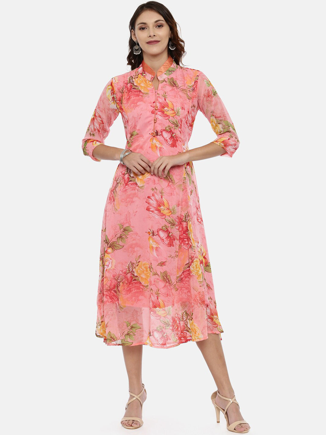Souchii Women Pink Floral Printed A-Line Dress - Swadesiicart