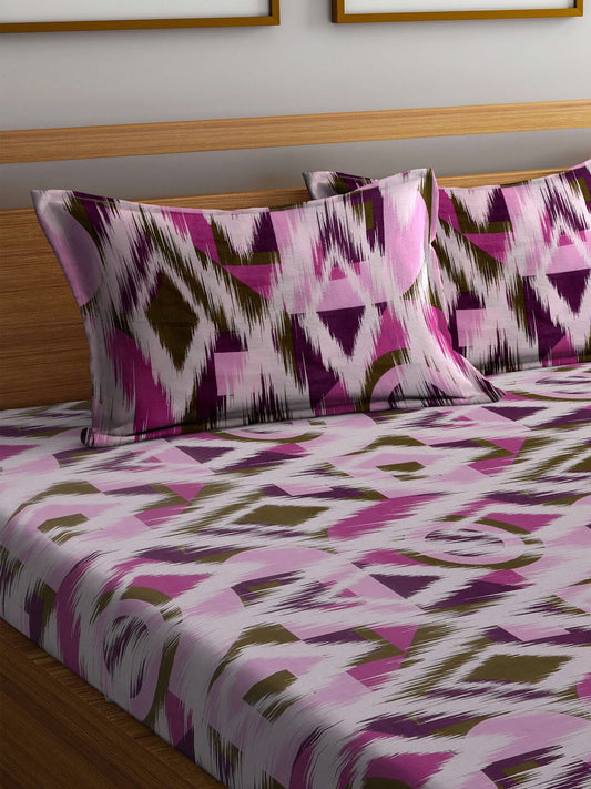 BOMBAY DYEING Marigold Purple Geometric Cotton 104 TC King Bedsheet With 2 Pillow Covers - Swadesiicart