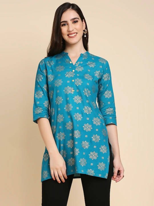 Anubhutee Blue & Golden Printed Kurti | Swadesiicart