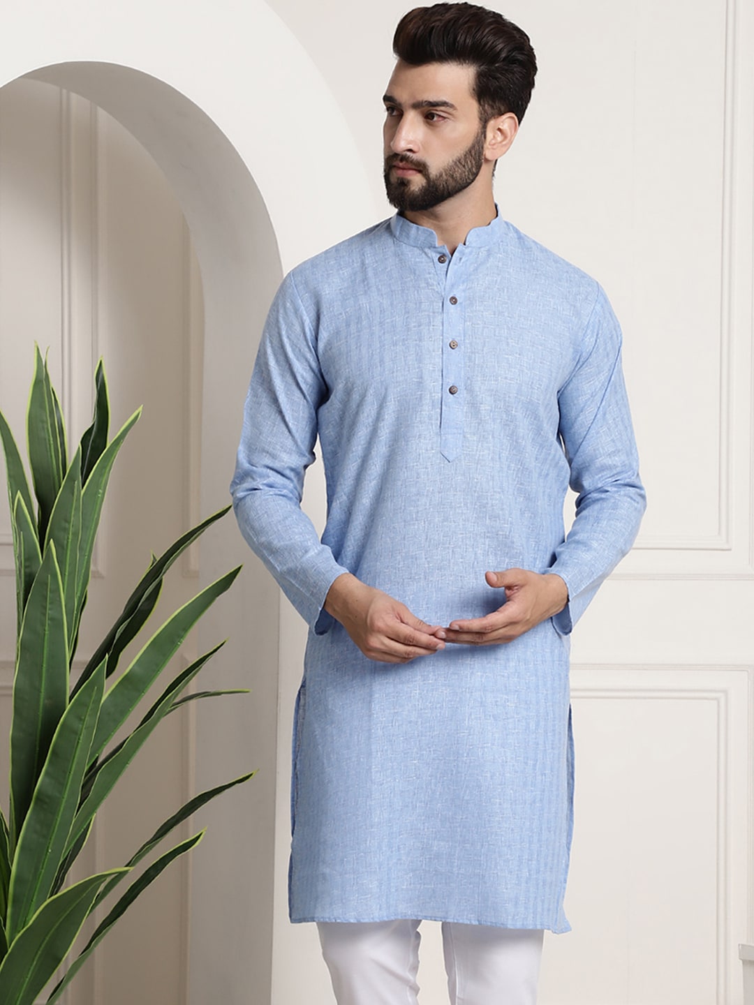 Sojanya Men Blue Dobby Self-Checked Straight Kurta | Swadesiicart