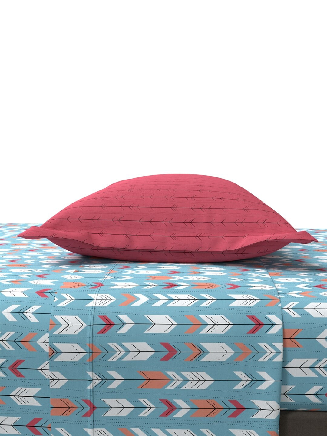 MYTRIDENT Blue White Geometric Cotton 144 TC Queen Bedsheet With 2 Pillow Covers - Swadesiicart