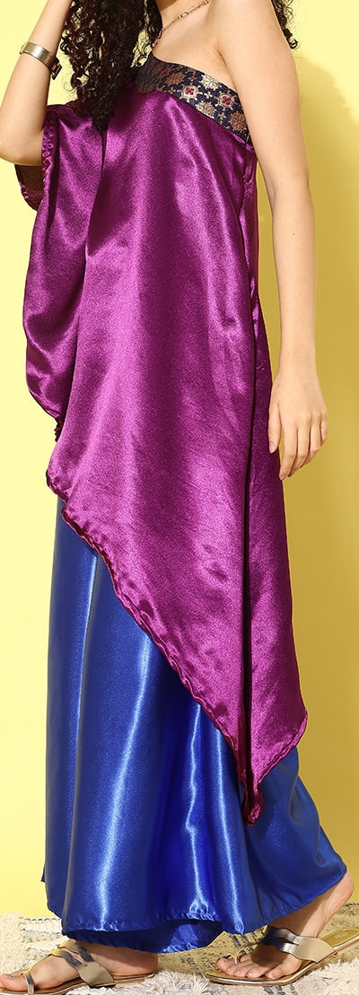 InWeave Women's Wine Navy Brocade Satin Oneshoulder Blue Palazzo Set - Swadesiicart