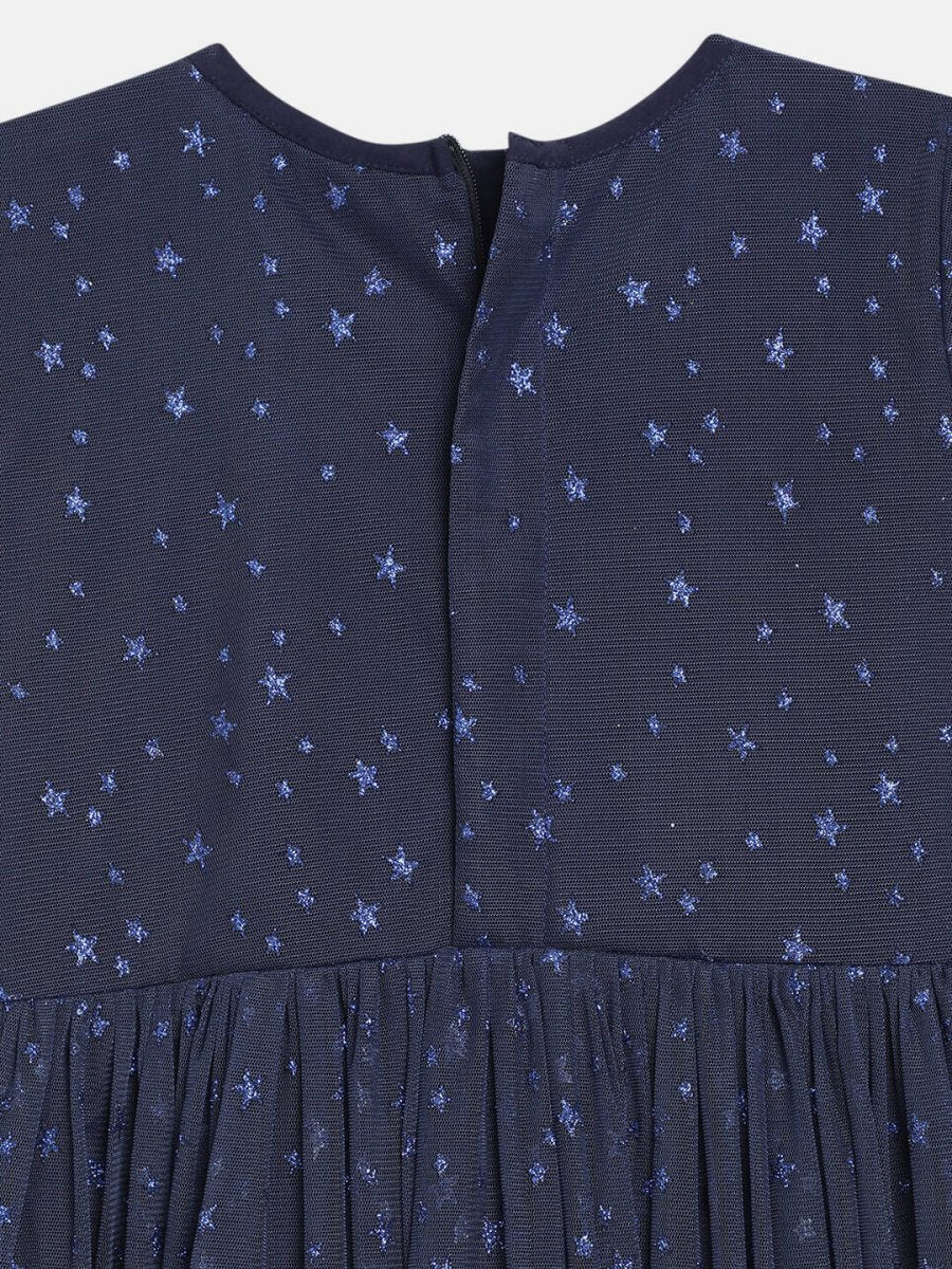 Ahalyaa Navy Blue Net Foil Print Kids Dress For Girls | Swadesiicart