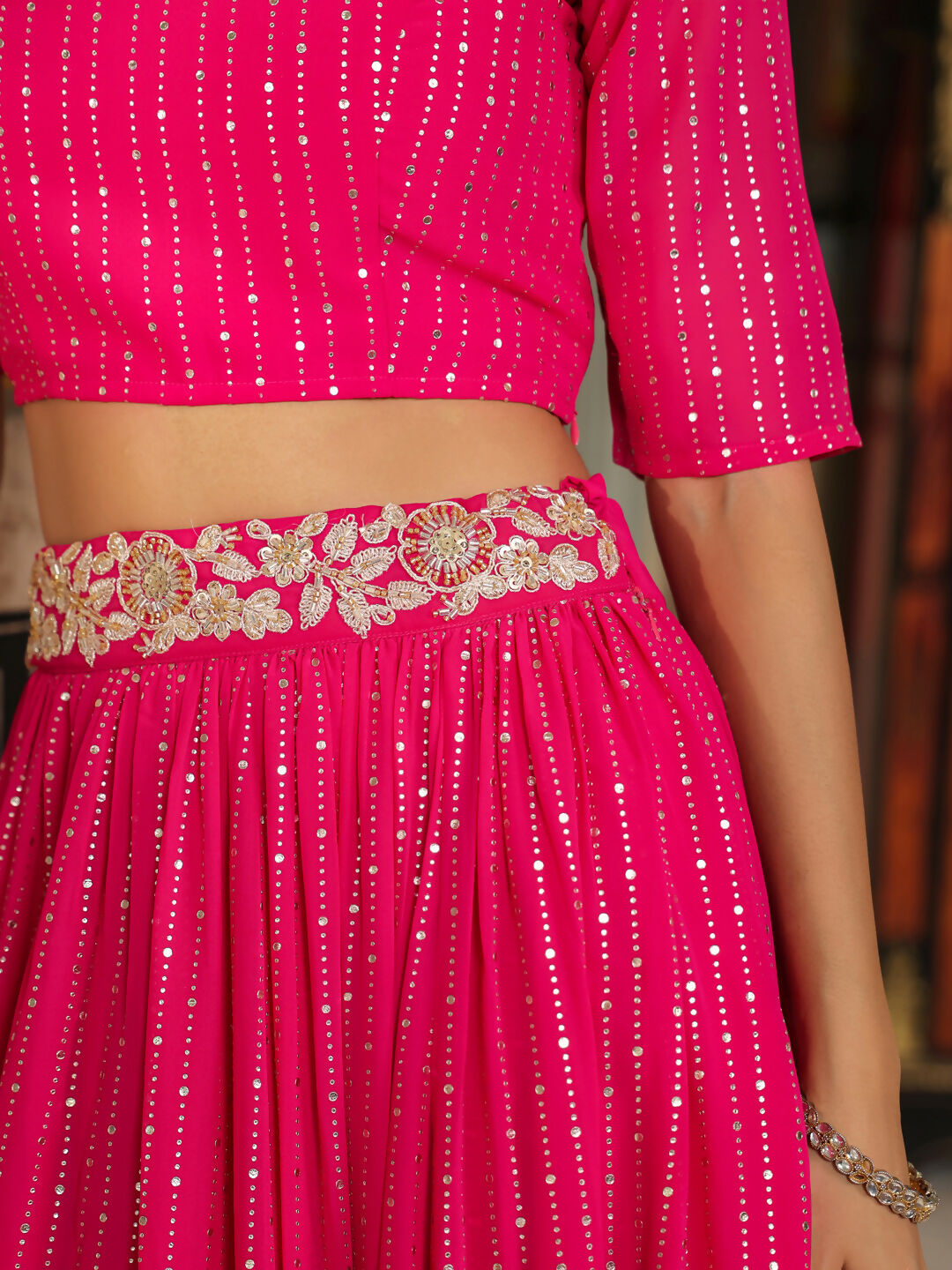 Janasya Pink Georgette Foil Print Lehenga Choli Dupatta | Swadesiicart