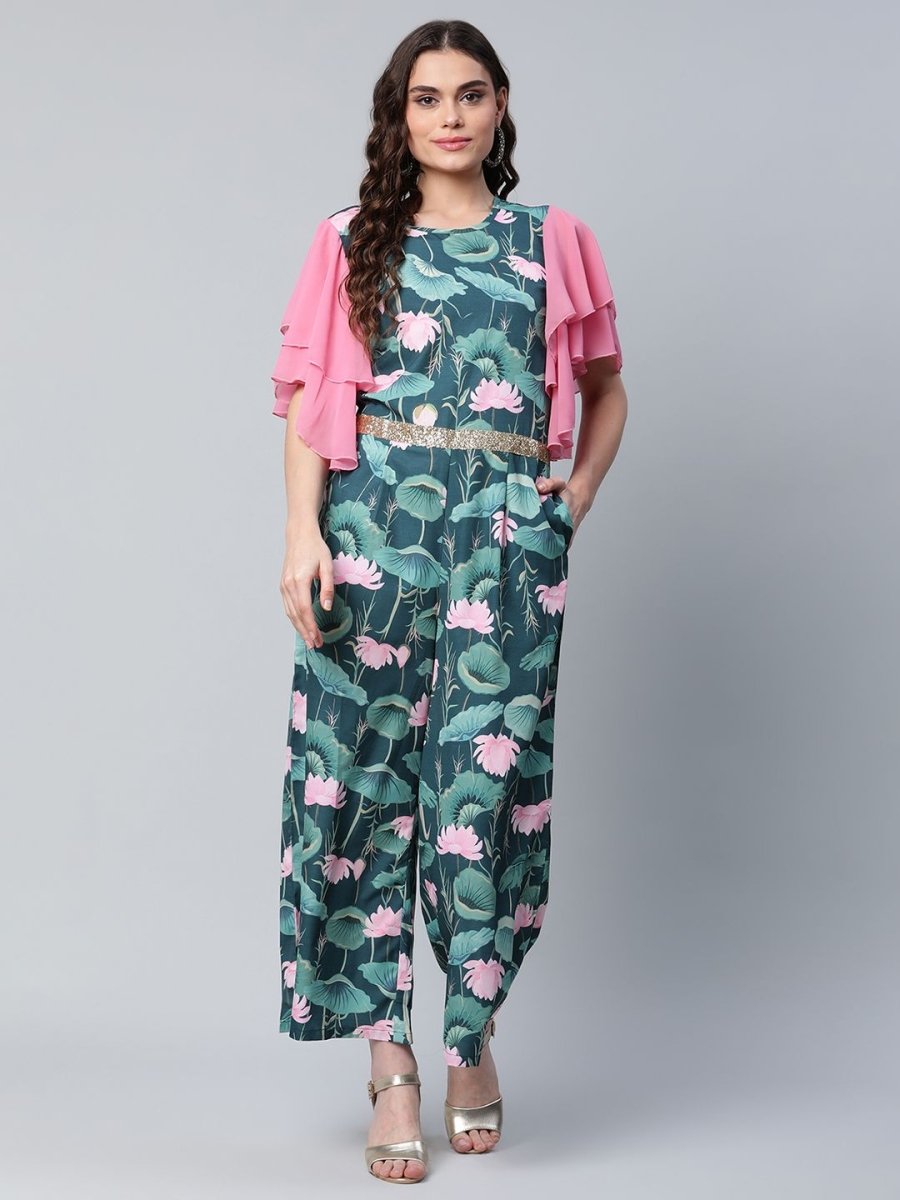 Ahalyaa Women's Dark Green Crepe Printed Jumpsuit | Swadesiicart