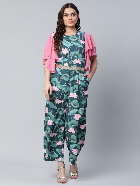 Ahalyaa Women's Dark Green Crepe Printed Jumpsuit | Swadesiicart
