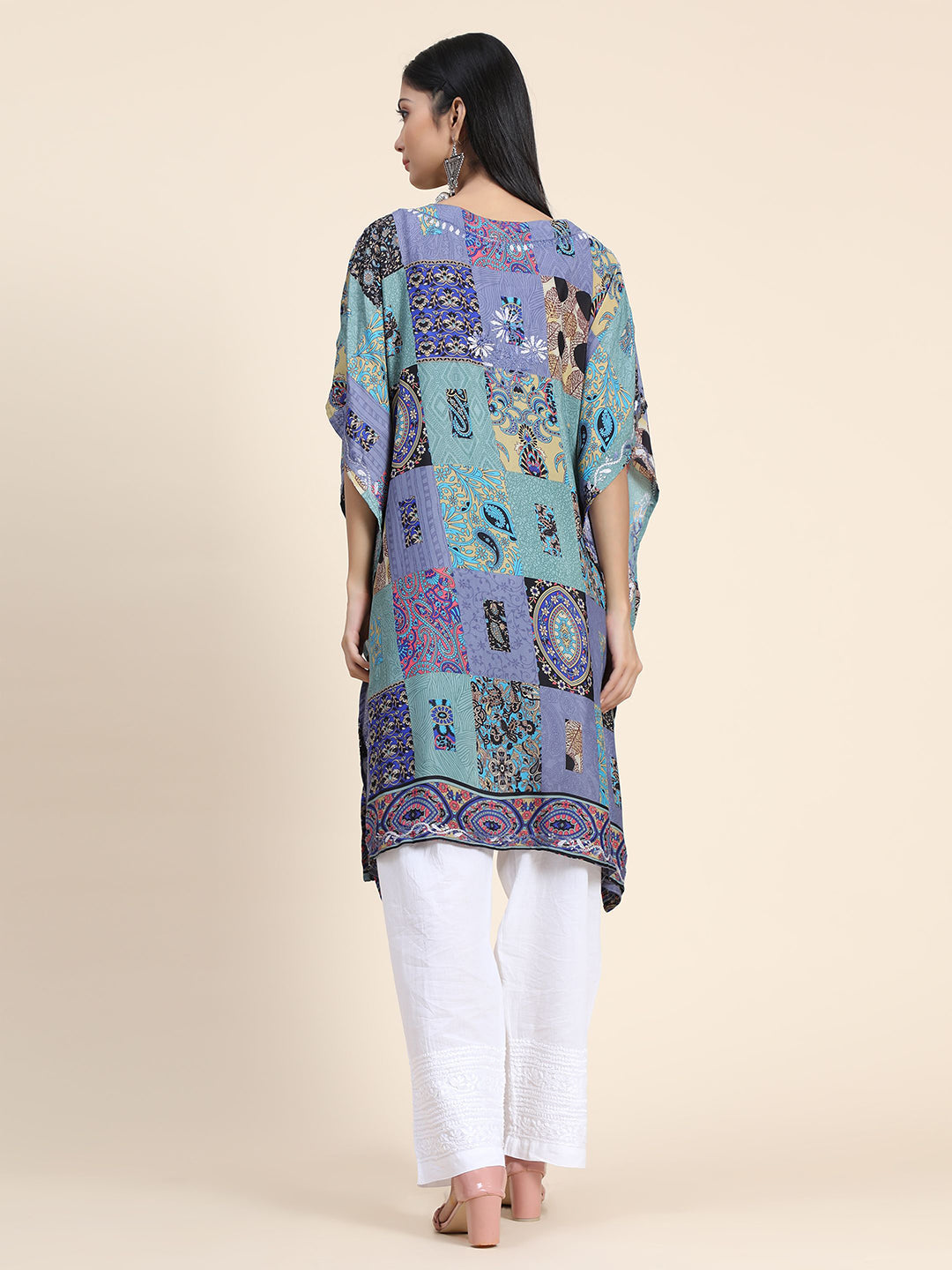 HOUSE OF KARI Ethnic Motifs Printed Notched Neck Chikankari Embroidery Cotton Kaftan Kurta | Swadesiicart