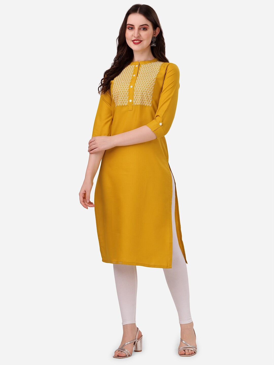 HERE&NOW Yoke Design Mandarin Collar Thread Work Cotton Kurta - Swadesiicart