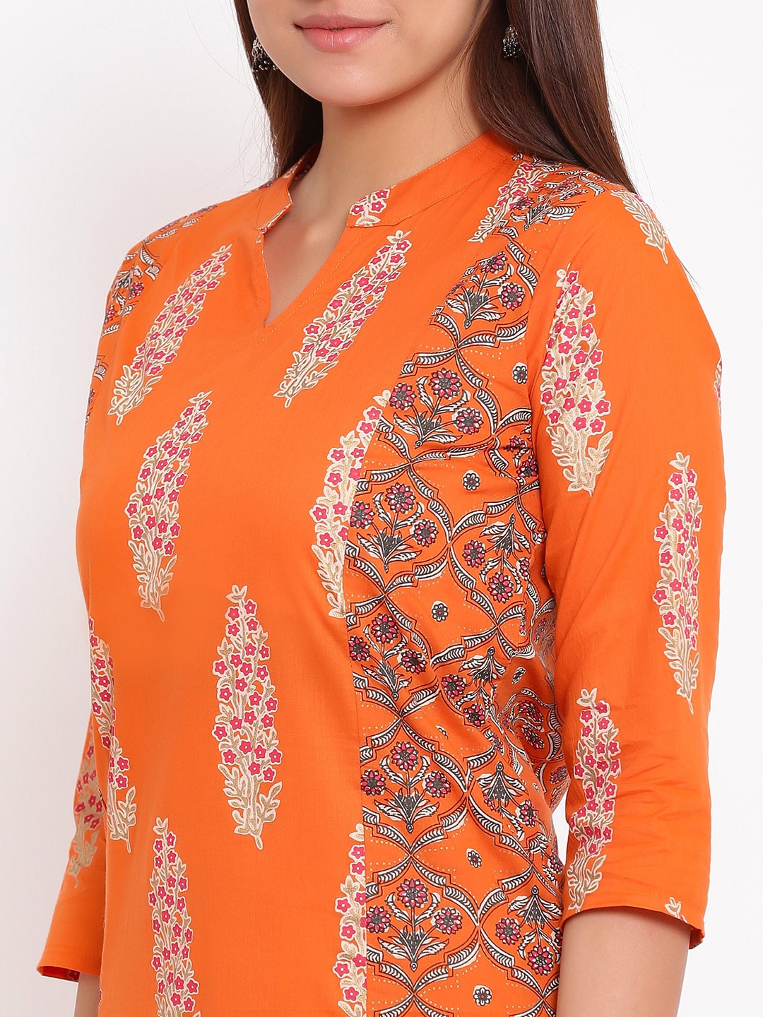 HERE&NOW Orange & White Ethnic Motifs Printed Straight Kurta - Swadesiicart