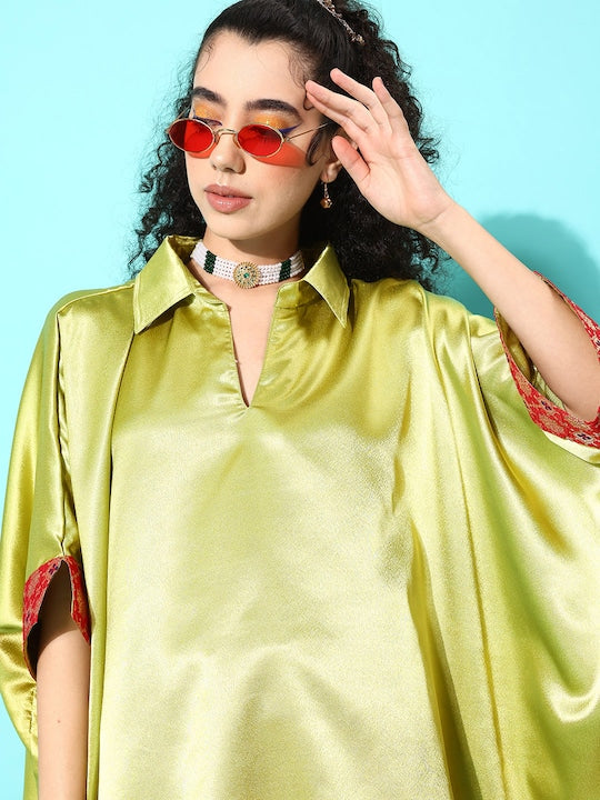 InWeave Women's Olive Red Brocade Satin Boho Kurta Red Palazzo Set - Swadesiicart