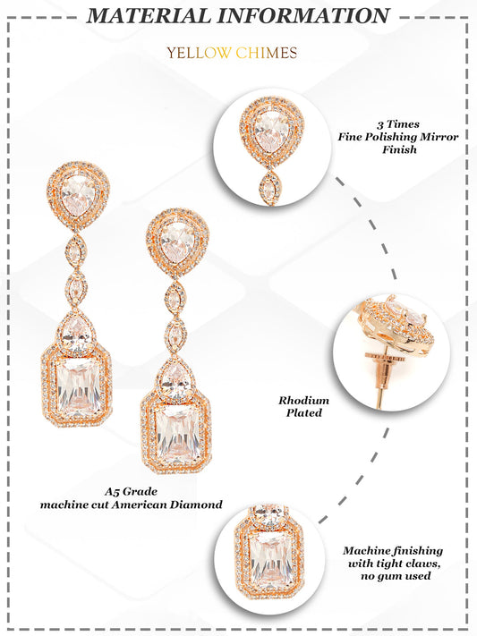 Yellow Chimes Rhodium-Plated Rose-Gold White AD-Studded Drop Earrings | Swadesiicart