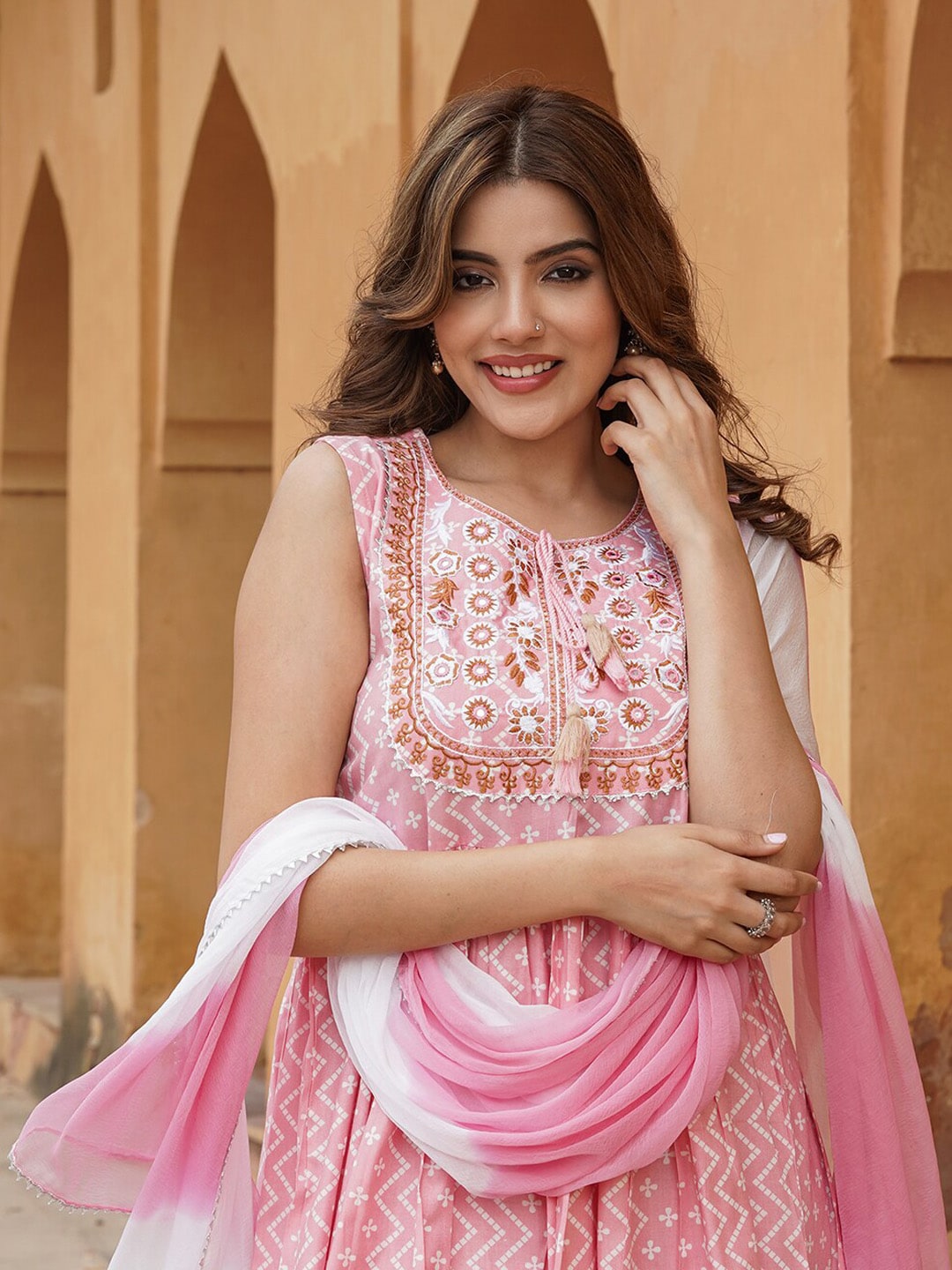 Kalini Geometric Printed Tie-Up Neck Thread Work A-Line Kurta with Sharara & Dupatta | Swadesiicart