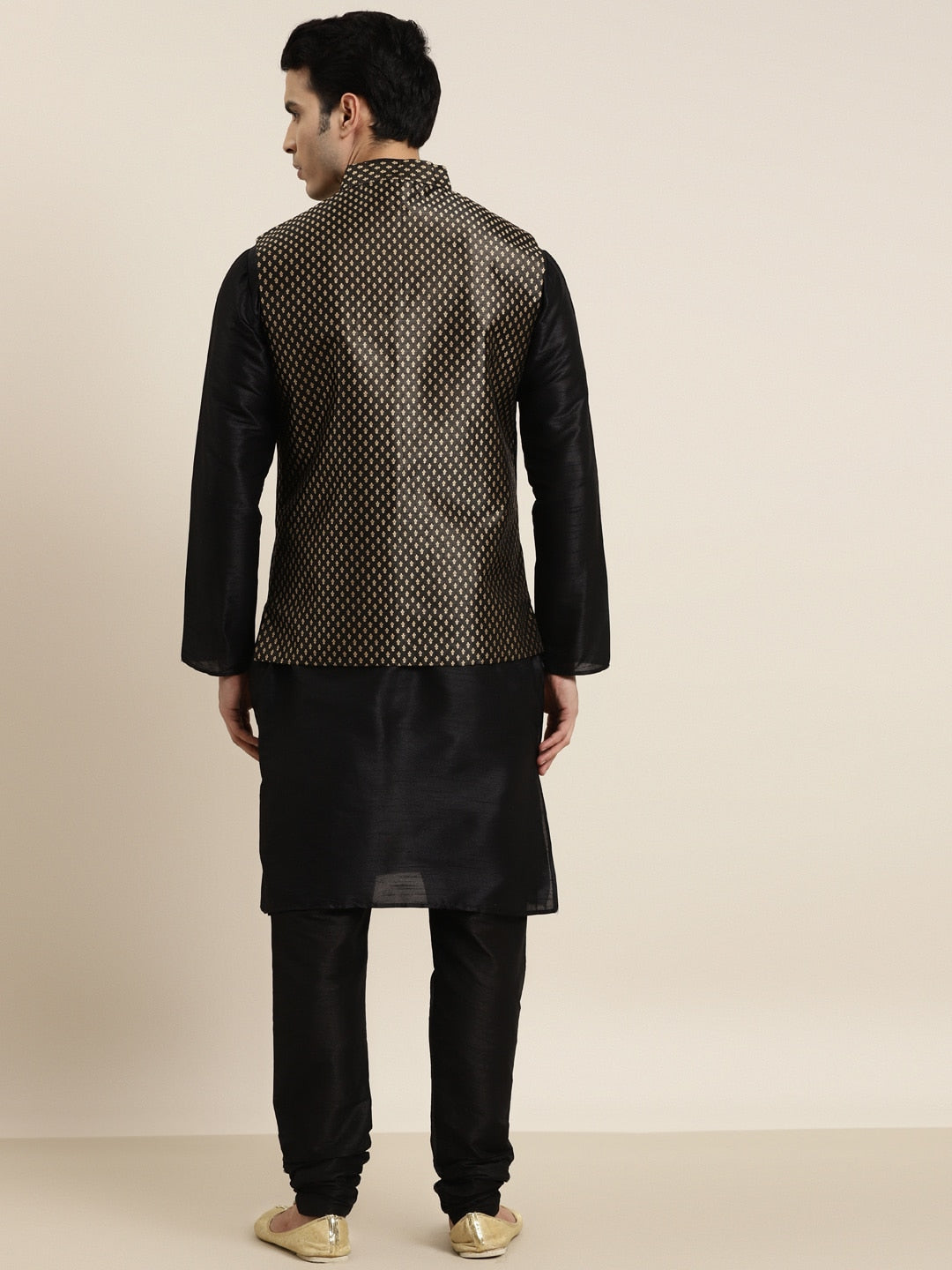 Sojanya Men Black Solid Kurta with Churidar & Nehru Jacket | Swadesiicart