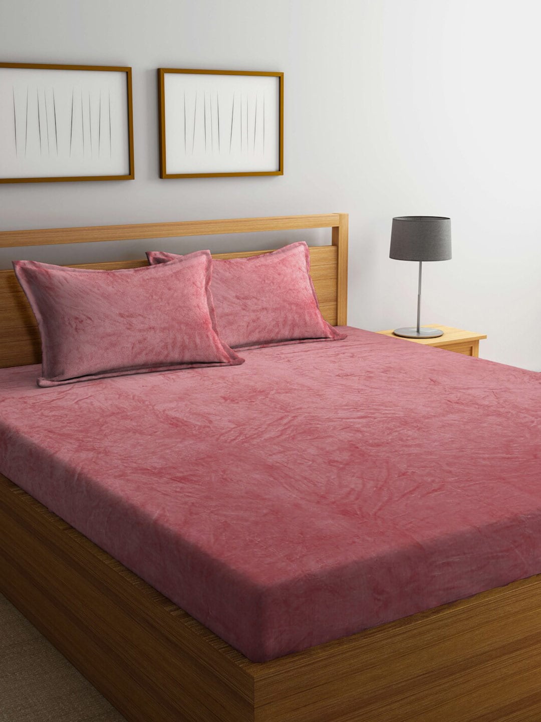 KLOTTHE Rust-Red Abstract Woolen 300TC King Fitted Bedsheet With 2 Pillow Covers - Swadesiicart