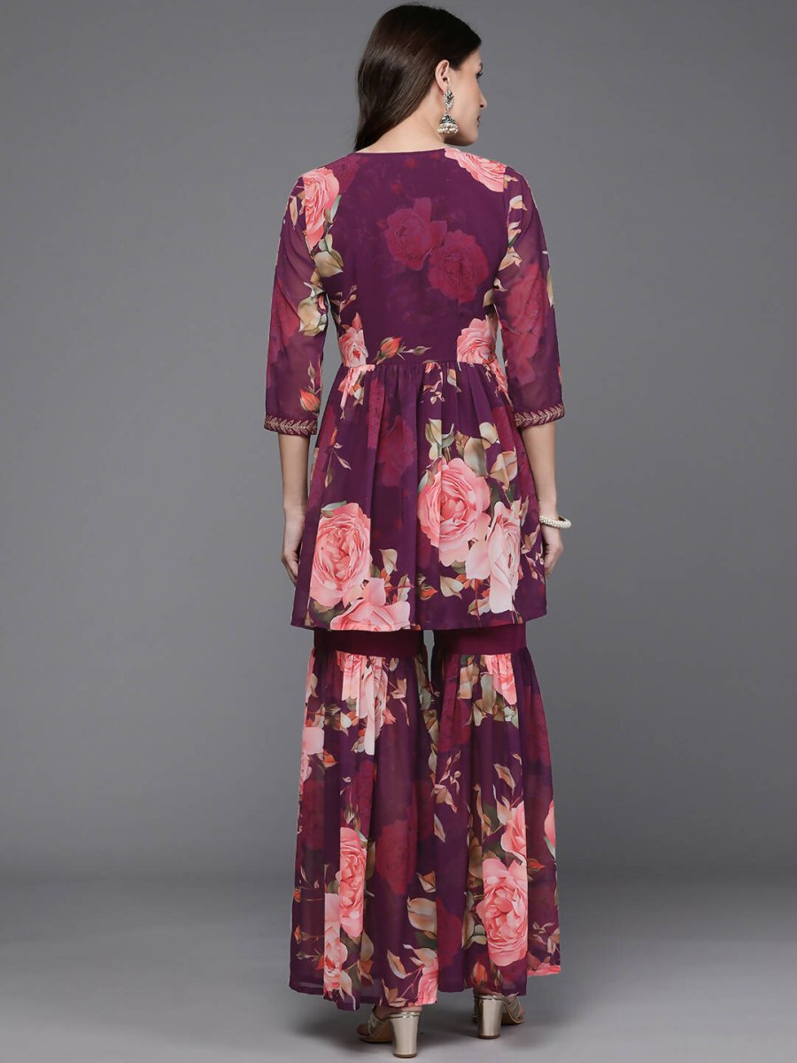Ahalyaa Women Floral Printed Tunic with Sharara - Black Color | Swadesiicart