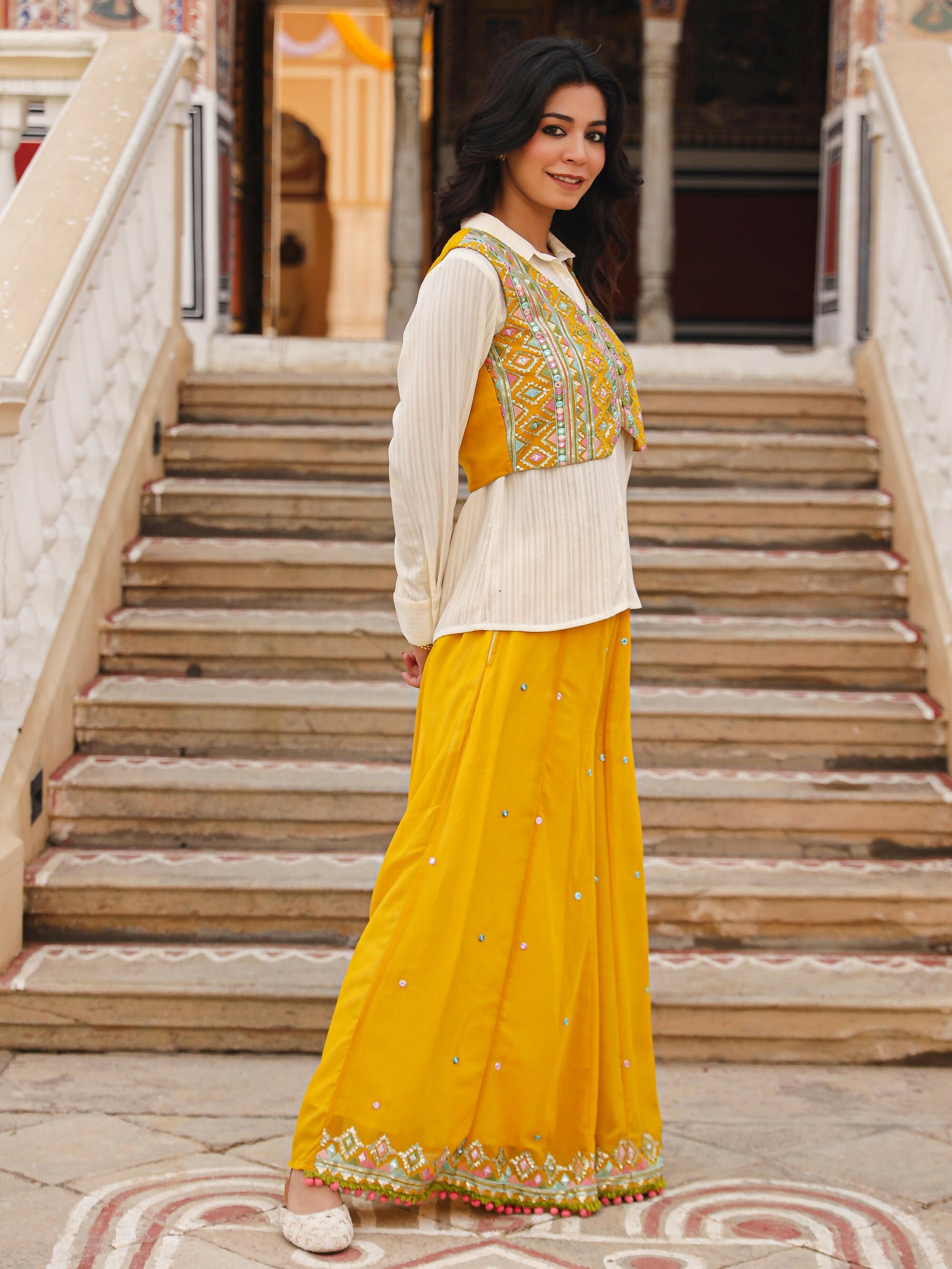 Juniper Women's Mustard Thread Embroidered Georgette Shirt Jacket & Palazzo Set With Mirror Work & Sequins - Swadesiicart
