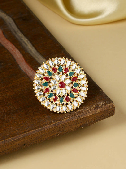 NVR Women's Traditional Ethnic Kundan Meenakari Gold-Polished Ajustable Finger Ring | Swadesiicart