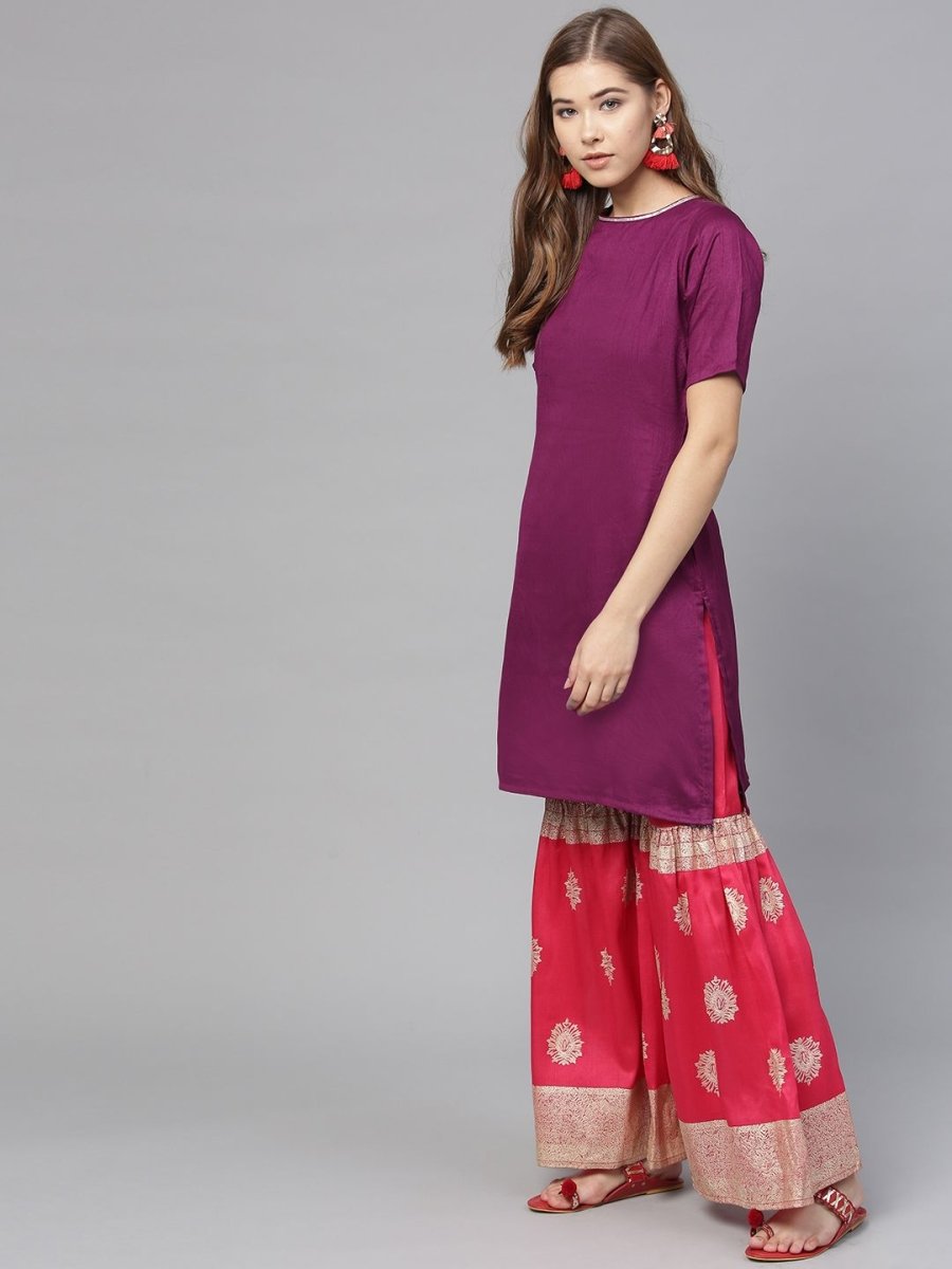 Ahalyaa Women's Purple Poly Silk Solid Kurta and Red Printed Sharara With Dupatta | Swadesiicart