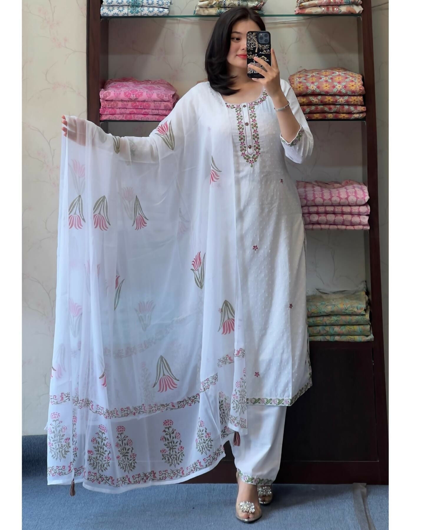 The52 White Women's Gorgeous Georgette Butti Fabric Embroidered Work Straight Kurta Pant and Dupatta Set - Swadesiicart