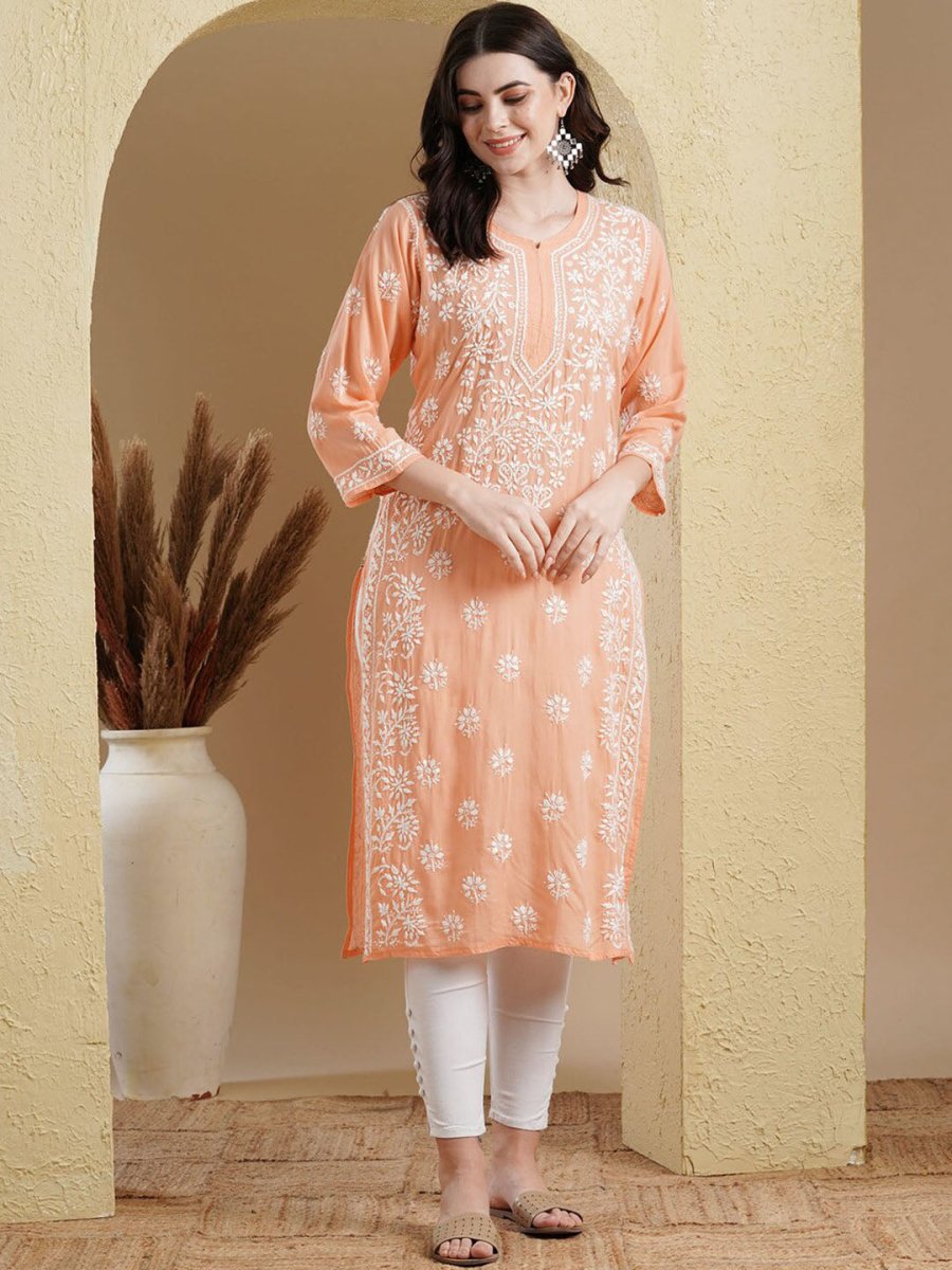 ADA Ethnic Motifs Embroidered Lucknowi Chikankari Detailed Modal Cotton Straight Kurta | Swadesiicart