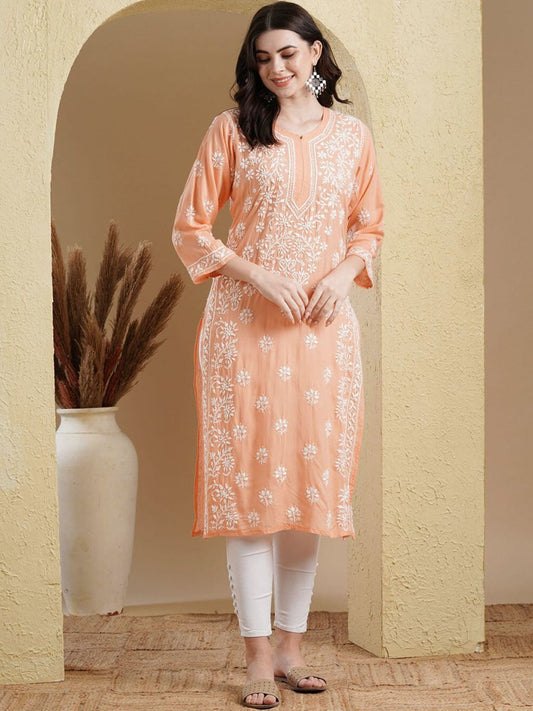 ADA Ethnic Motifs Embroidered Lucknowi Chikankari Detailed Modal Cotton Straight Kurta | Swadesiicart